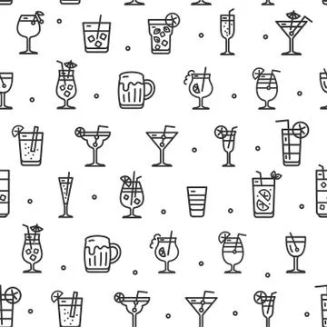 Alcohol Cocktail Seamless Pattern Background on a White. Vector Illustrazione stock