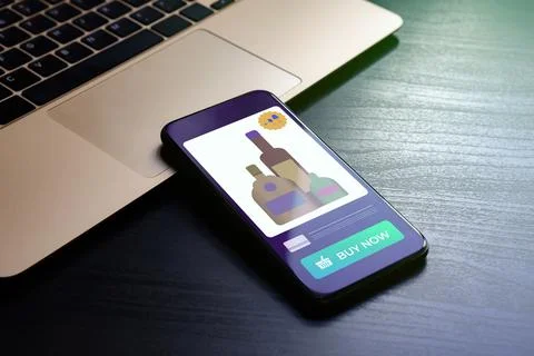 Alcohol Delivery Service concept. E-commerce remote ordering of wine, cognac Stock Illustration