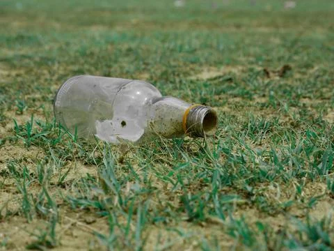 Alcohol drink empty bottle lying on green grass field Stock Photos