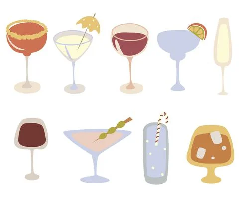 Alcohol drinks icon kit. Cartoon cocktails vector set. Beverages and party co Stock Illustration