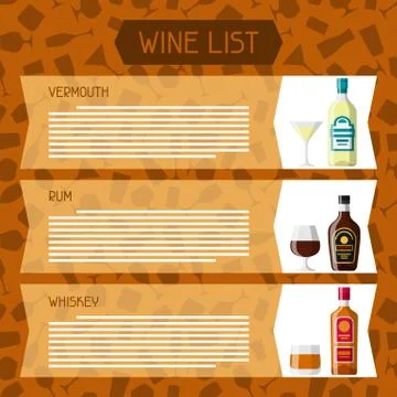 Alcohol drinks menu or wine list. Bottles, glasses for restaurants and bars Stock Illustration