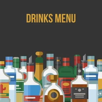 Alcohol drinks menu vector illustration poster. Bar alcoholic poster. Bottles of Stock Illustration