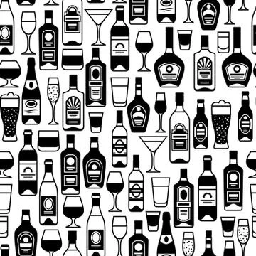 Alcohol drinks seamless pattern. Bottles, glasses for restaurants and bars Stock Illustration