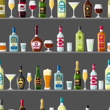 Alcohol drinks seamless pattern. Bottles, glasses for restaurants and bars Stock Illustration