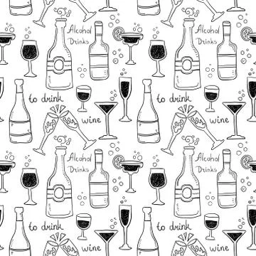 Alcohol drinks seamless pattern. Glasses for restaurants and bars. Stock Illustration