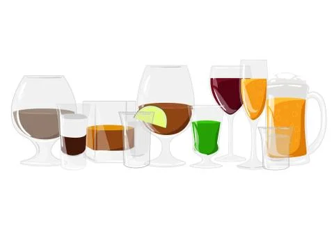 Alcohol drinks set different alcohol bottle and glasses Stock Illustration