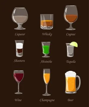 Alcohol drinks set different alcohol bottle and glasses Stock Illustration