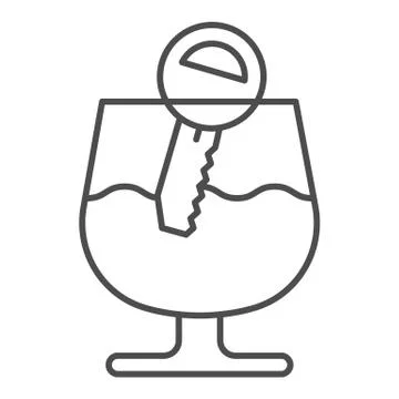Alcohol drunk driver thin line icon. Vehicle engine key in glass of wine symbol Stock Illustration