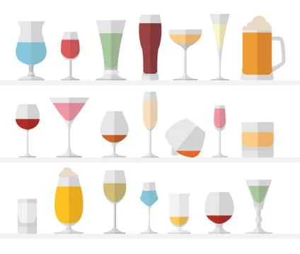 Alcohol glasses flat icon set. Different alcohol beverages Stock Illustration