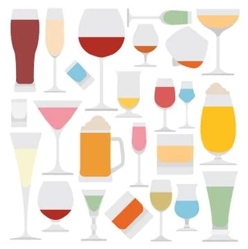 Alcohol glasses flat icon set. Different alcohol beverages Stock Illustration