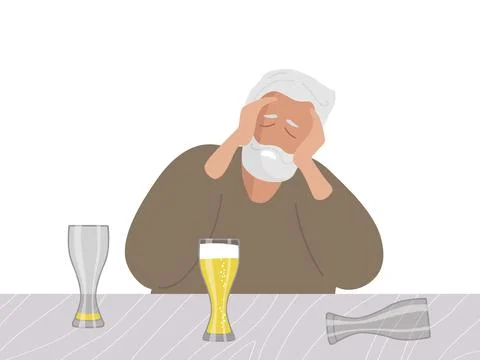 Alcohol intoxication. Mature elderly man sitting at table, on table are beer Stock Illustration