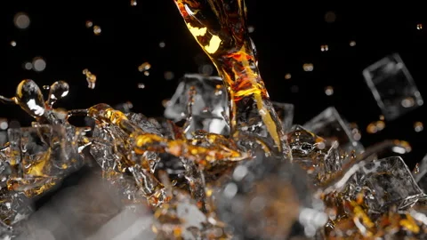 Alcohol pours on ice cubes against a dark background, 3D simulation Stock Footage 281113139