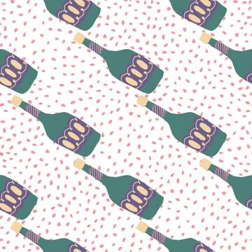 Alcohol rum bottles on dots background. Doodle glass bottle seamless pattern. Stock Illustration