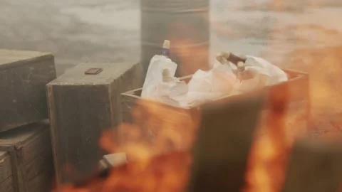 Alcohol Smuggler, Fire Flame, Boxes, Iron Barrel 1 Stock Footage 206455005