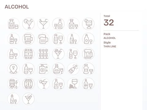 Alcohol Vector Icon Set with 32 Thin Line High Resolution Display Perfect G.. Stock Illustration
