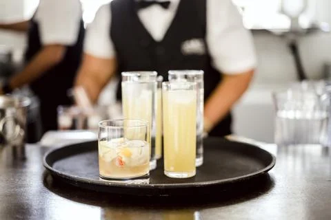 Alcoholic and non alcoholic beverages on a tray in the bar Stock Photos