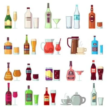 Alcoholic and soft drinks. Beverages in glass and bottles flat vector icons Stock Illustration