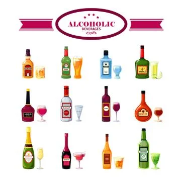Alcoholic Beverages Drinks Flat Icons Set Stock Illustration
