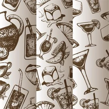 Alcoholic cocktails sketch vector pattern with vintagebeverages. Ink hand drawn Illustrazione stock
