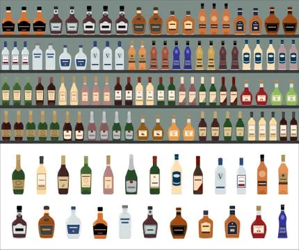 Alcoholic Drinks Bottles Large Vector Set. Stock Illustration