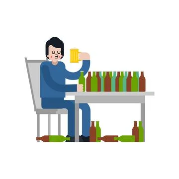 An alcoholic sits at the table. Guy and a lot of beer Stock Illustration