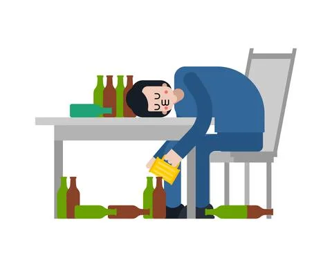 An alcoholic sits at the table. Guy and a lot of beer Stock Illustration