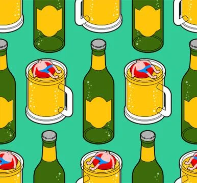 Alcoholic swim in beer pattern seamless. Man swimming inside beer mug. vector Stock Illustration
