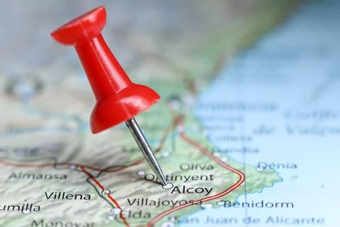 Alcoy, Spain pin on map Stock Photos