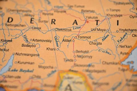 Aldan Highlighted on World Map with Soft Blur Background and Subtle Focus Stock Photos