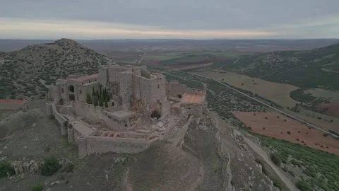 Aldea del Rey Castle: A Cloudy Day Aerial Orbit Stock Footage 263445938