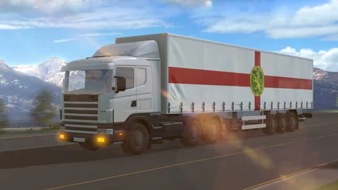 Alderney flag shown on the side of a large truck Stock Footage 122094783
