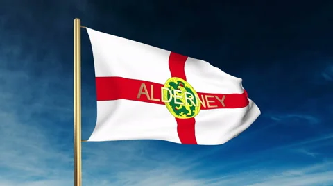 Alderney flag slider style with title. Waving in the wind with cloud background Stock Footage 48274360