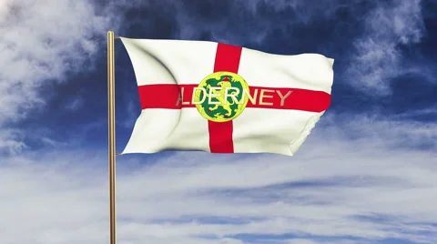 Alderney flag with title waving in the wind. Looping sun rises style.  Animation Stock Footage 48274480