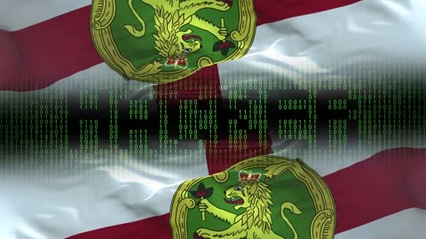 Alderney flag - Waving flag on matrix binary code background Stock Footage 321419428