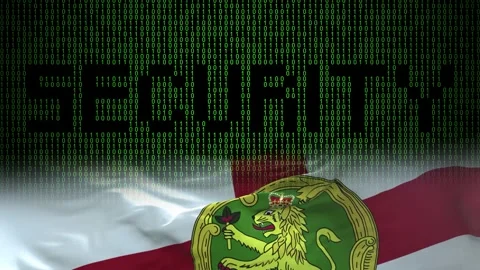 Alderney flag - Waving flag on matrix binary code background Stock Footage 321422077