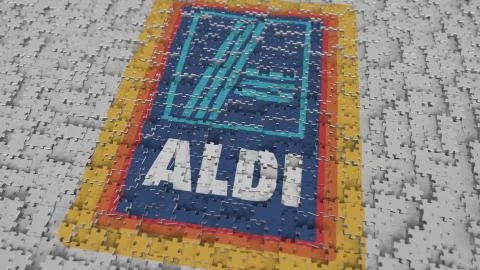 ALDI logo being composed with puzzle pieces, editorial 3D rendering Stock-Illustration