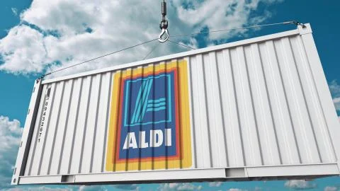 Aldi logo on an industrial container. Editorial 3D rendering 스톡 일러스트