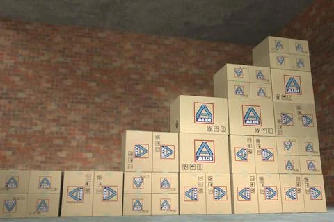 ALDI logo on many boxes composing a rising bar chart. Editorial business success Stock-Illustration