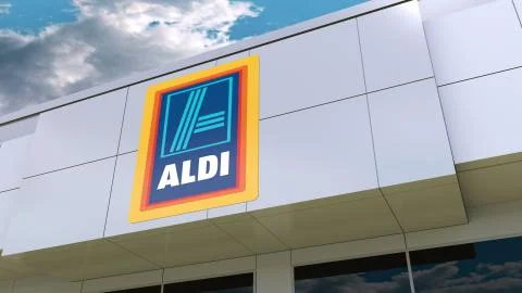 Aldi logo on the modern building facade. Editorial 3D rendering Ilustración de archivo