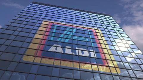 ALDI logo on modern building reflecting sky and clouds, editorial 3D rendering Stock-Illustration