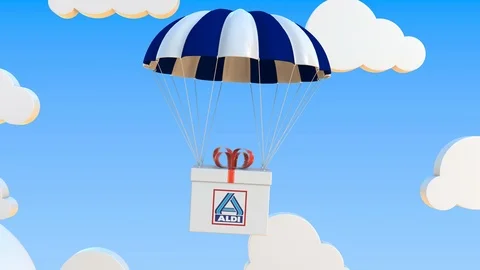 ALDI logo on moving box moves under parachute. Editorial loopable 3D animation Stock Footage 123111159