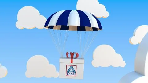 ALDI logo on moving box moves under parachute. Editorial 3D rendering Stock Illustration
