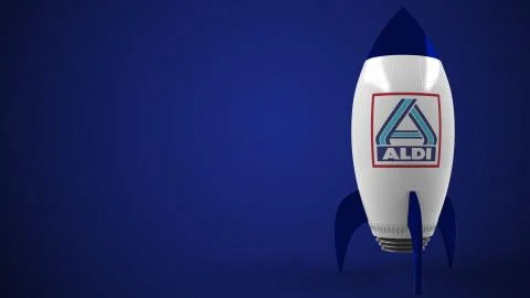 ALDI logo on a rocket mockup. Editorial conceptual success related 3D rendering Stock-Illustration