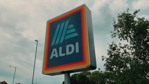 Aldi store sign displaying logo 스톡 동영상 111251586