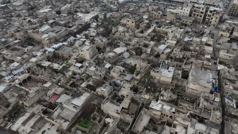 Aleppo, Syria Aerial Drone View of Total Urban War Destruction Stock Footage 332046628