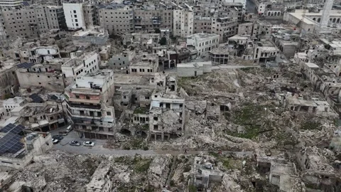Aleppo, Syria Aerial View of Devastated Residential District and War Ruins Stockbeeldmateriaal 332068410