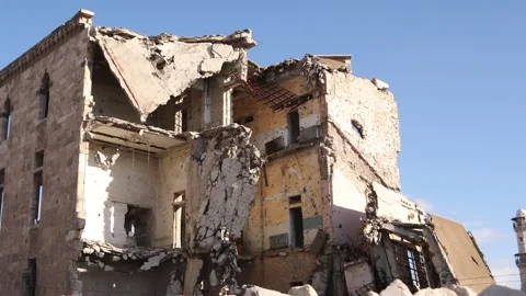 Aleppo, Syria - Devastated Residential Building and Urban Ruins Stock Footage 333406838
