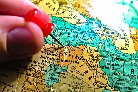Aleppo, Syria globe map red push pin thumbtack marker Stock Photos