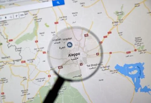 Aleppo, Syria on Google maps under magnifying glass Stockfoto's