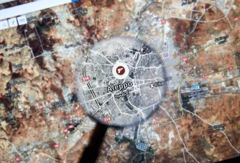 Aleppo, Syria on Google maps under magnifying glass Stockfoto's